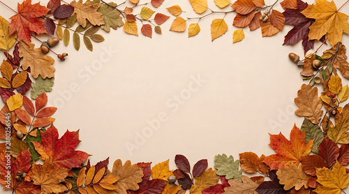 Colorful autumn leaves border frame with dry foliage in shades of orange and brown