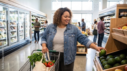 Smiling plus size woman shopping for fresh produce in grocery store