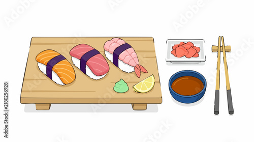Bild auf Leinwand Illustration of assorted sushi nigiri with pickled ginger, soy sauce, wasabi, an