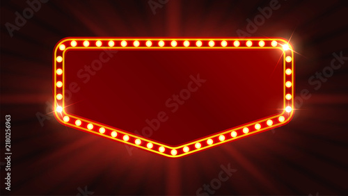Retro Marquee Light Sign Frame Vector with Vintage Theater Bulbs, Glowing Cinema Banner, Blank Red Neon Billboard Template