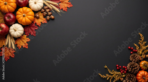 Autumn pumpkins and colorful fall leaves arranged on a dark background for thanksgiving