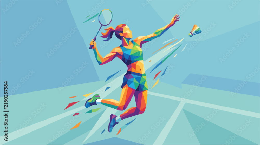Fototapeta premium Female athlete jumping to hit shuttlecock in low poly style