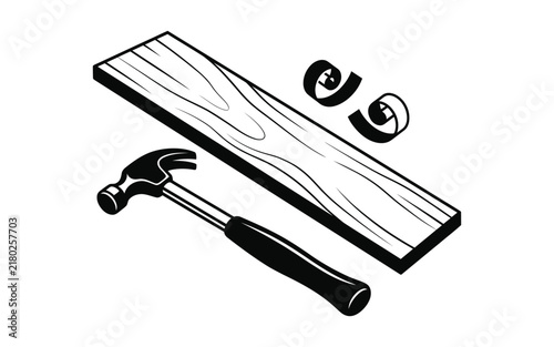 Black and white silhouette illustration of a metal hammer with a wooden plank and wood shavings for carpentry and woodworking projects