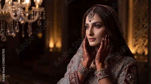 Beautiful South Asian Bride Touching Face with Henna Hands, Traditional Pakistani Indian Bridal Portrait Under Chandelier