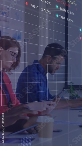 Animation of stock market data processing against diverse team of colleagues working at office