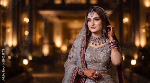 Beautiful South Asian Bride Adjusting Earring, Traditional Pakistani Indian Bridal Portrait in Luxury Venue