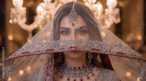 South Asian Bride Looking Through Transparent Net Dupatta Veil, Traditional Pakistani Indian Bridal Portrait Under Chandelier