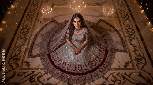 Top View Overhead Portrait of South Asian Bride Sitting on Marble Floor in Embroidered Lehenga, Traditional Pakistani Indian Bridal Shot
