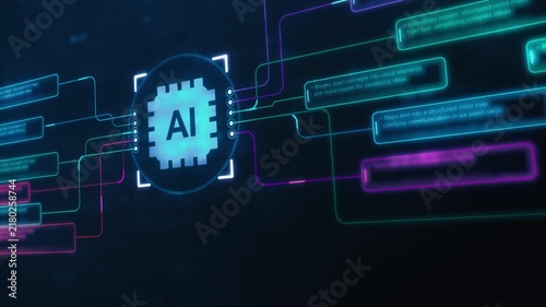 Futuristic Artificial Intelligence Network with Neon Data Connections, Digital AI Chip Interface, Glowing Technology Circuits and Connected Data Streams on a Dark Background