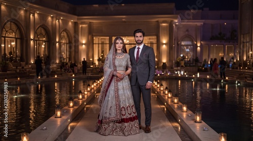 Full Length South Asian Bride and Groom Standing on Candlelit Bridge Over Water Pool at Night, Luxury Pakistani Indian Wedding Couple Portrait