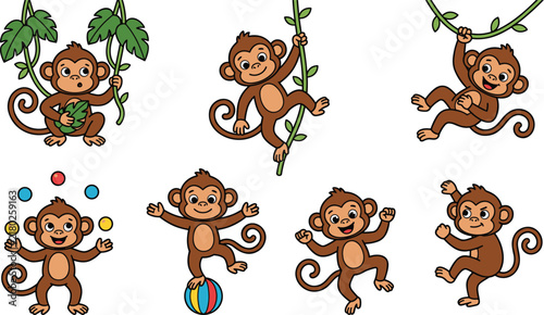 Photography Cute Cartoon Monkey Character Set with Playful Poses Swinging on Vines, Juggling