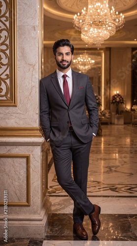 Handsome South Asian Man in Grey Suit Leaning Against Marble Pillar in Luxury Hotel Hall, Groom Full Body Portrait