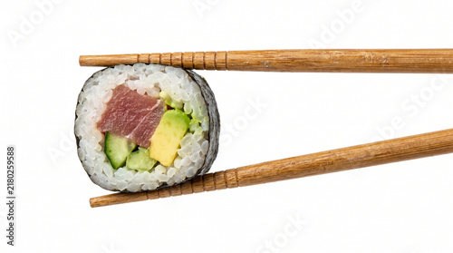 Tuna and Avocado Sushi Roll Presented with Light Wooden Chopsticks