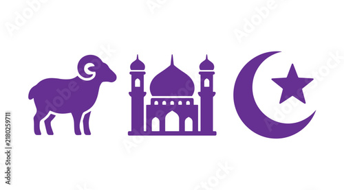 Purple graphic set showing a ram traditional mosque with twin minarets crescent star ram silhouette mosque building crescent moon star icon islamic graphics eid vector
