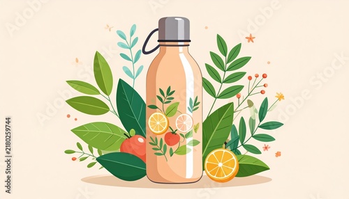 Reusable water bottle with citrus fruit and green leaf illustration