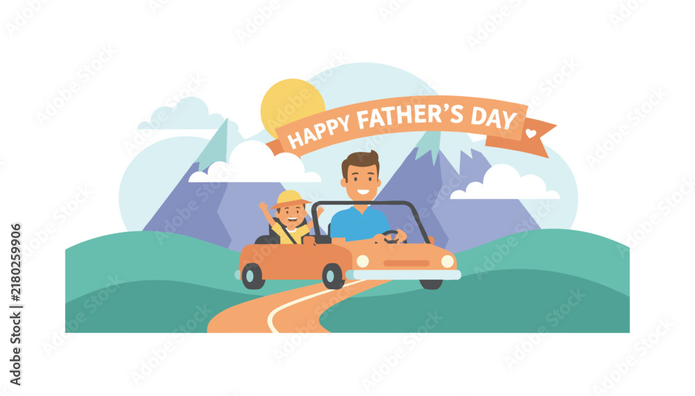 Fototapeta premium Happy fathers day celebration vector illustration featuring a dad and son driving an open-top orange car through a scenic mountain road.