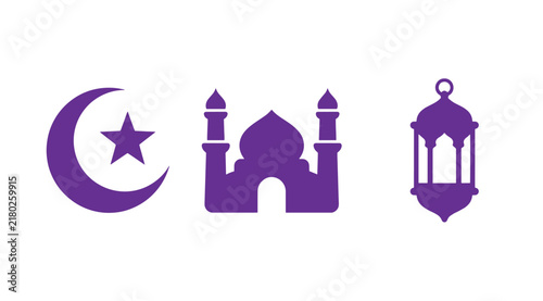 Purple ramadan vector icons with crescent moon and star mosque hanging lantern mosque icon eid vector purple graphics islamic symbols muslim holiday fanous lantern religion