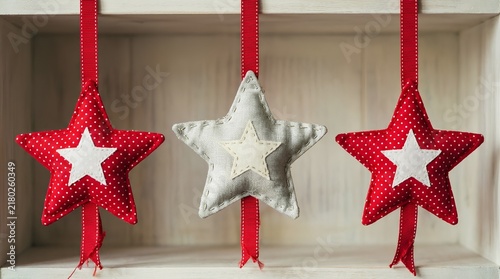 Festive holiday decorations sparkling red and silver star ornaments hanging beautifully