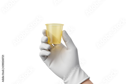 White Latex Glove Hand Holding Translucent Yellow Specimen Cup