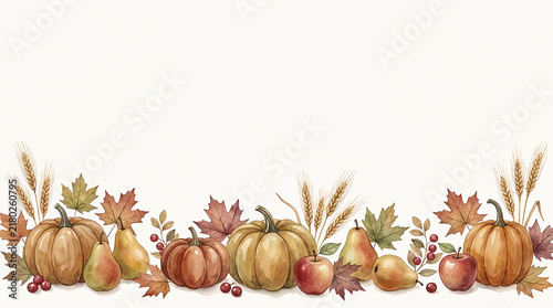 Autumn harvest border with pumpkins and colorful fall leaves for thanksgiving season