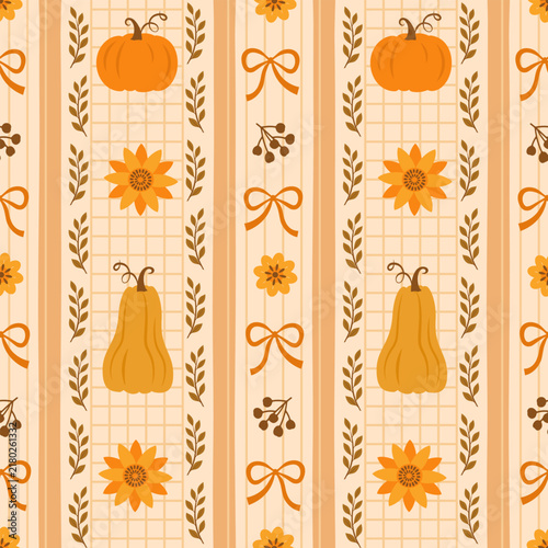 Fall harvest seamless pattern with orange gourds, floral elements and ribbon bows, arranged in vertical stripes