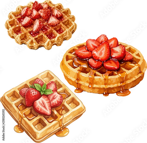 Waffles with strawberries and syrup