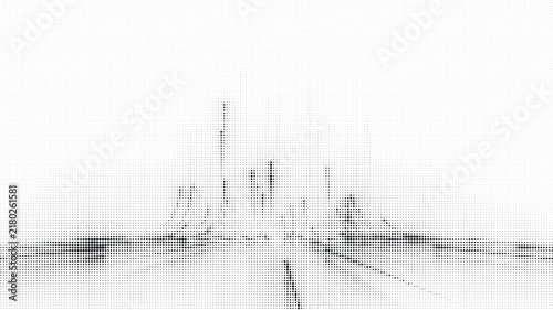 Abstract halftone cityscape silhouette with vertical lines and dots, modern urban skyline graphic design element