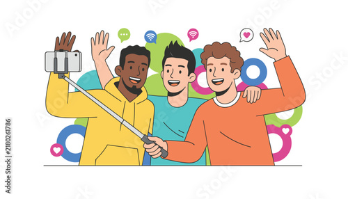 Three joyful diverse young male friends taking a selfie together using a smartphone and a selfie stick.