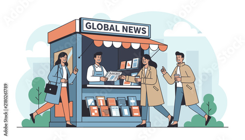 Group of happy people buying fresh newspapers and coffee from a local vendor at a street newsstand kiosk.