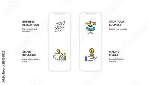 Business development and smart investing app screens with icons for financial growth and money making.
