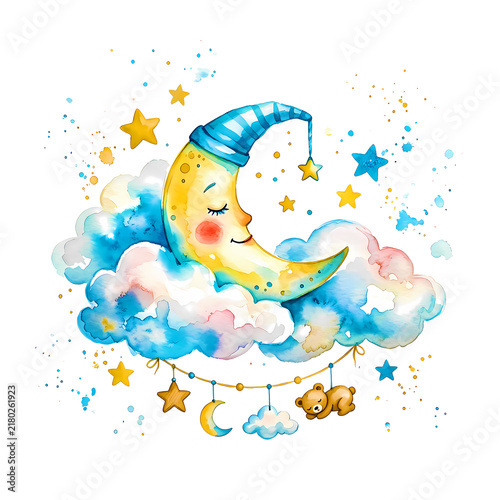 Adorable Sleeping Moon Baby Shower Watercolor Illustration with Dreamy Clouds and Stars