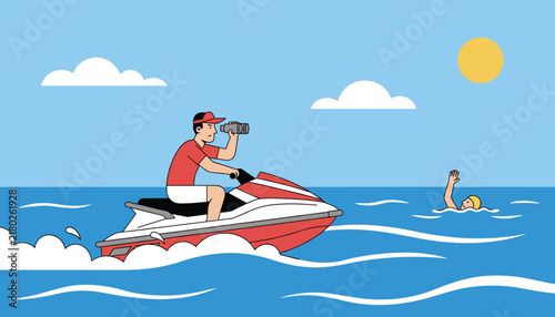 Attentive lifeguard on a fast jet ski scanning the ocean water with binoculars to rescue a drowning swimmer.