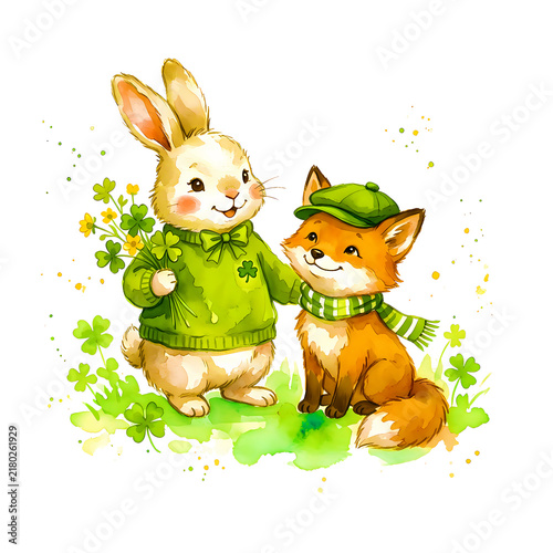 Cute Animals Wearing Green Accessories for St Patrick's Day Watercolor Celebration Collection