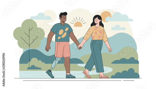 Inspirational couple holding hands and walking in a scenic nature park, with the man wearing a prosthetic leg.