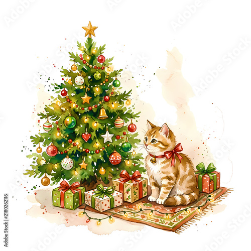 Adorable Cat Beside Decorated Christmas Tree with Cozy Watercolor Holiday Details