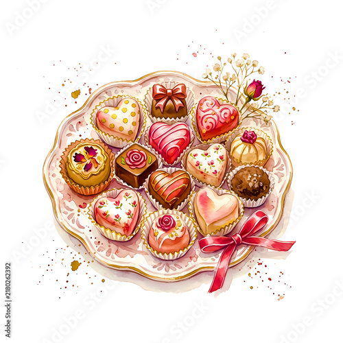 Cute Valentine Chocolate Collection with Heart Shaped Candies and Romantic Watercolor Details