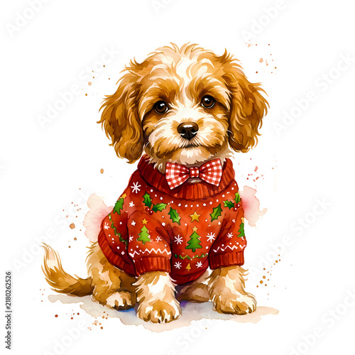 Adorable Dog Wearing Cozy Christmas Sweater with Festive Watercolor Holiday Details