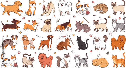 Set of cute cartoon dogs and cats collection in doodle style isolated on a transparent background for creative design