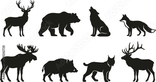 Set of wild forest animals silhouettes including deer bear wolf fox moose boar and lynx for outdoor nature design