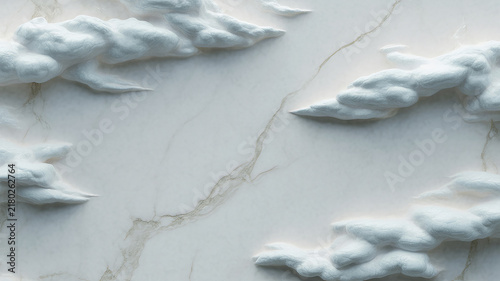 Sculpted clouds adorn a white marble surface creating a textured backdrop
