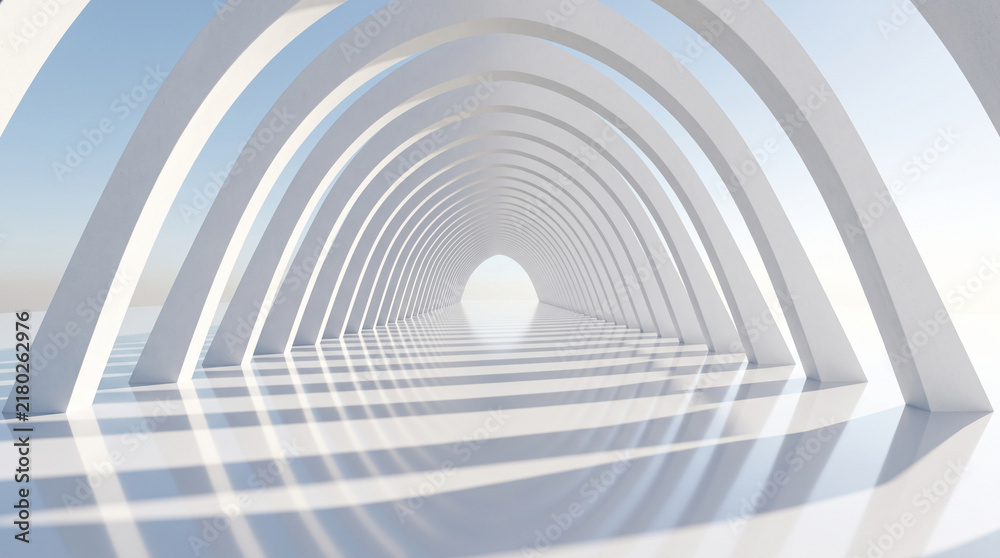 Obraz premium Abstract architectural background with white arches forming a long tunnel leading to a bright light, 3d render illustration