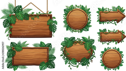 Set of wooden signs with tropical leaves and vines for jungle theme decoration and summer party invitations