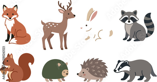 Set of cute forest animals including fox deer rabbit raccoon squirrel mole hedgehog and badger in cartoon vector style