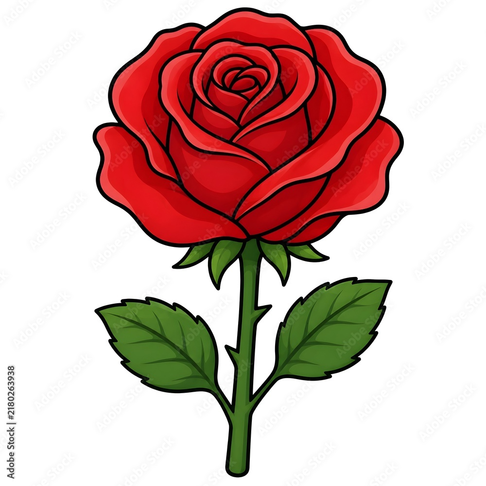 Obraz premium Single beautiful red rose cartoon vector illustration. Red rose flower with green leaves isolated on white background.