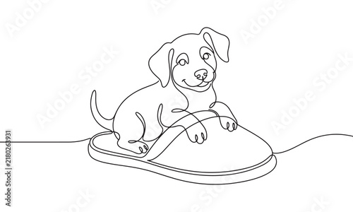 Continuous single line of a small puppy sitting comfortably inside a large slipper, isolated on a white background, minimalist pet cozy domestic animal line