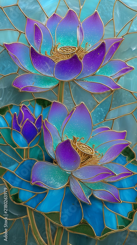 European Style Gilded Glass Lotus Flowers Blue Purple Enamel Illustration