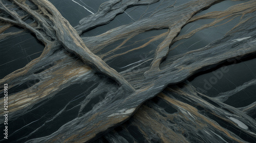 Dark marble slab displays intricate vein patterns resembling tree roots and branches