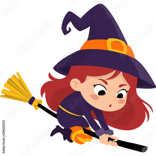 Cartoon Witch Flying on Broom Illustration