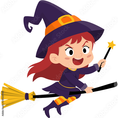 Cartoon Witch Flying on Broom Illustration