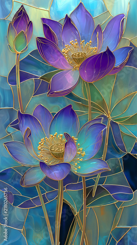 European Style Gilded Glass Lotus Flowers Blue Purple Enamel Illustration